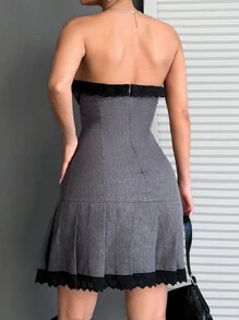 EURMUSE Women's Contrast Color Ruffle Hem Pleated Hem Fashionable Bandeau Mini Dress - Grey - View 2