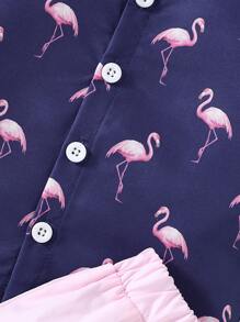 SHEIN 2入組嬰兒男童休閒式火烈鳥圖案印花短袖襯衫和短褲套裝,適合夏季戶外活動