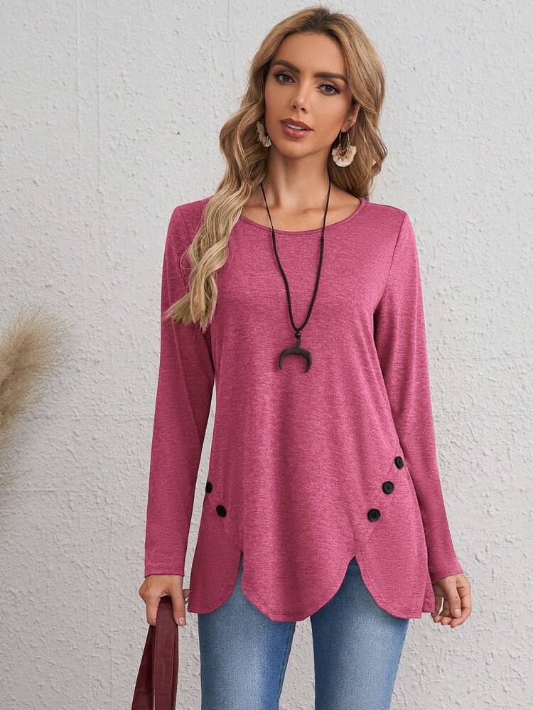 Women's Button Decor Scalloped Hem Long Sleeve Casual T-Shirt Fall Shirts Winter Tops Women Tops