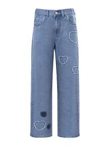 少女心形圖案磨邊下擺直筒牛仔褲 - 藍色 - 查看 1