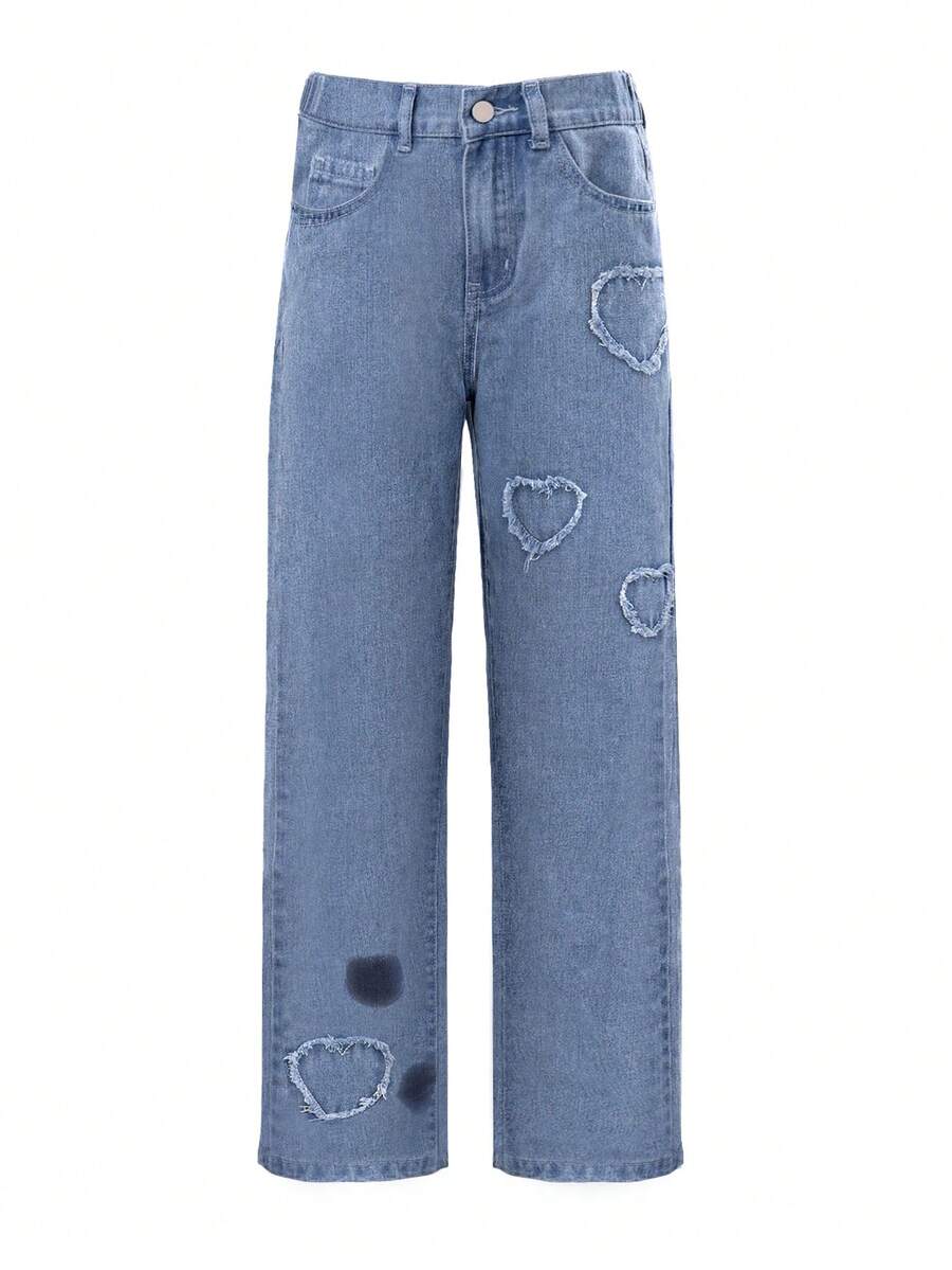 少女心形圖案磨邊下擺直筒牛仔褲 - 藍色 - 查看 1