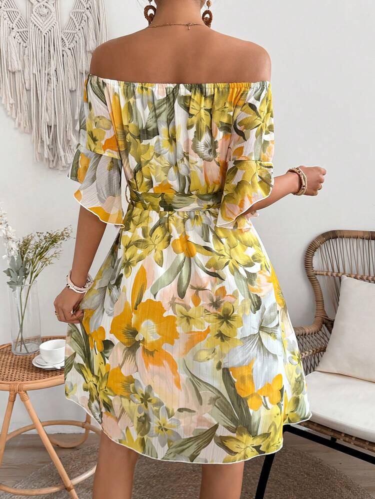 Women'S Off Shoulder Floral Printed Dress