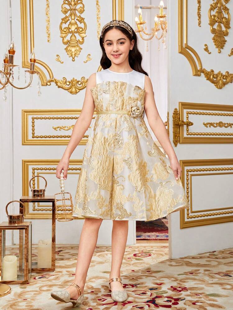 Tween Girls' Casual Round Neck Sleeveless 3d Floral Print Dress