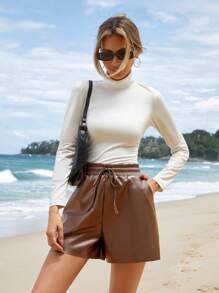 EURMUSE Women'S Drawstring Straight Shorts - Coffee Brown - View 3