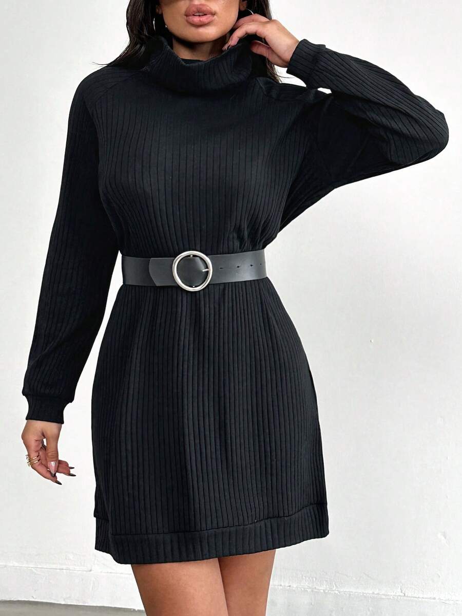 EURMUSE Women's Turtleneck Ribbed Dress - Black - View 1