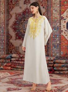 Al Najma 女用刺繡鑲邊領子和缺角領阿拉伯連身裙 - 杏色 - 查看 4