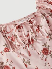 SHEIN MOD 女裝花卉印花蓬松袖襯衫 - 粉色 - 查看 4