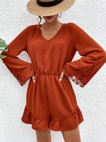 Breezaya Romperă cu mânecă evazată cu decolteu în V - Maro - Vizualizare 3