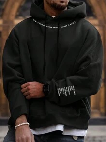 Manfinity Homme 男款寬鬆連帽衫,印有口號字樣和束口帶 - 黑色 - 查看 1