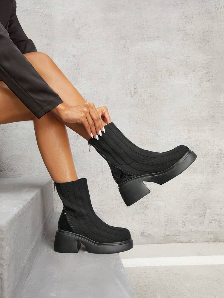 Women's Fashion Round Toe Mid-calf Boots, Black