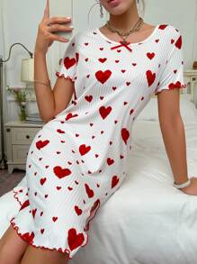 SweetSlumber Heart Print Short Sleeve Pajama Night Dress - White - View 5