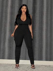 Slaydiva Plus Size Black Tight-Fitting Halter Neck Backless Jumpsuit - Black - View 4