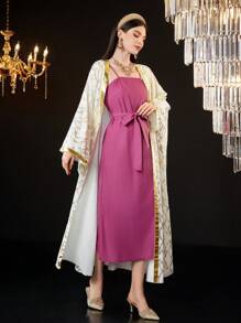 Al Najma Women's Belted Cami Dress And Long Sleeve Coat Set 2 Pieces Set - Multicolor - View 6