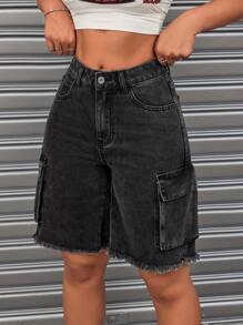 SHEIN ICON Frayed Edge Washed Denim Shorts - Black - View 1