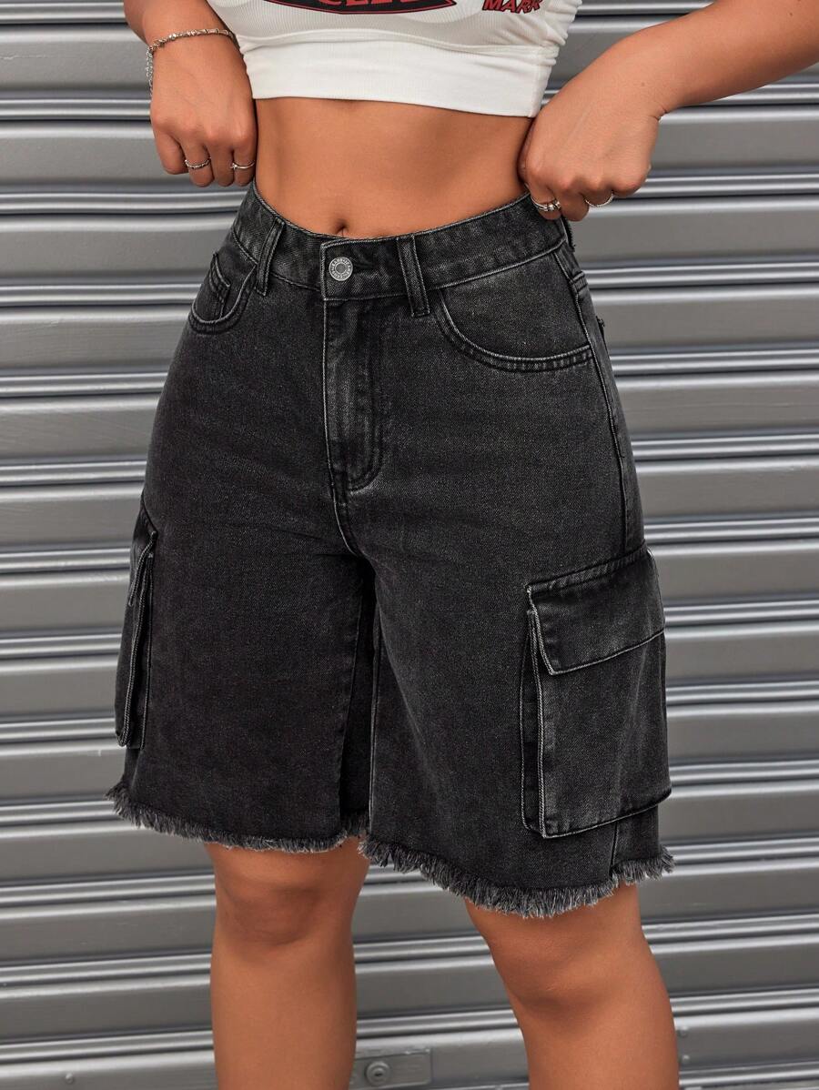 SHEIN ICON Frayed Edge Washed Denim Shorts - Black - View 1