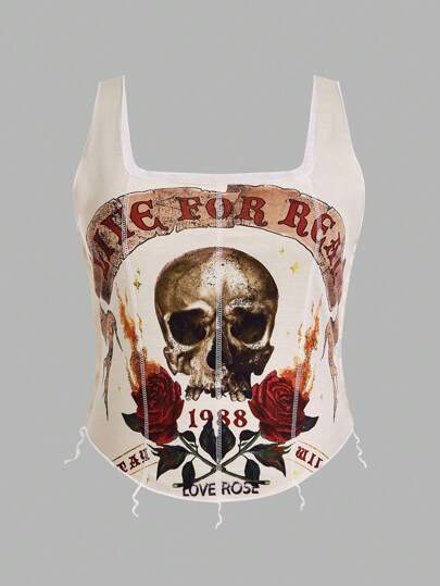 SHEIN ICON Parte superior de tirantes con estampado de calavera, alfabeto y rosa para mujer talla grande, ideal para verano