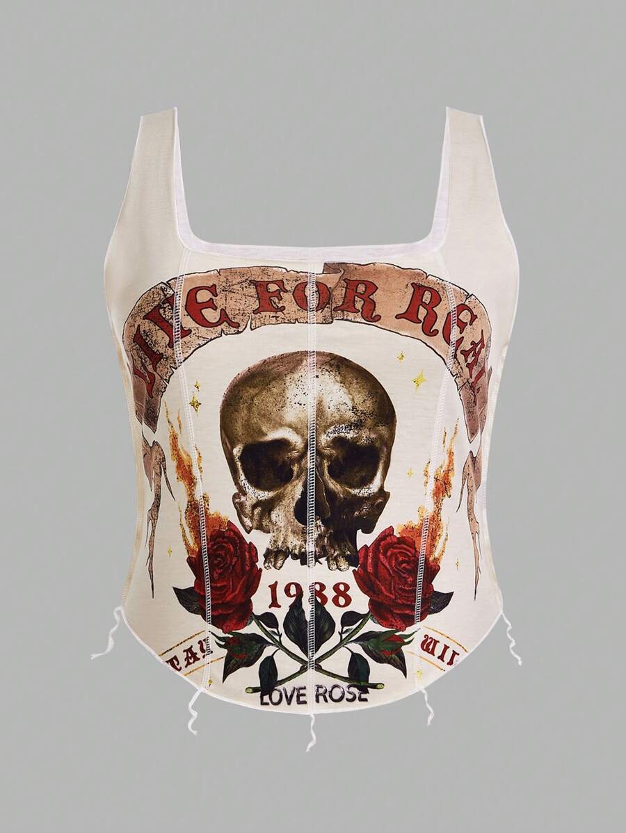 SHEIN ICON Áo ba lỗ in hình đầu lâu chữ cái và hoa hồng cỡ lớn cho nữ vào mùa hè - Màu be - Xem 1