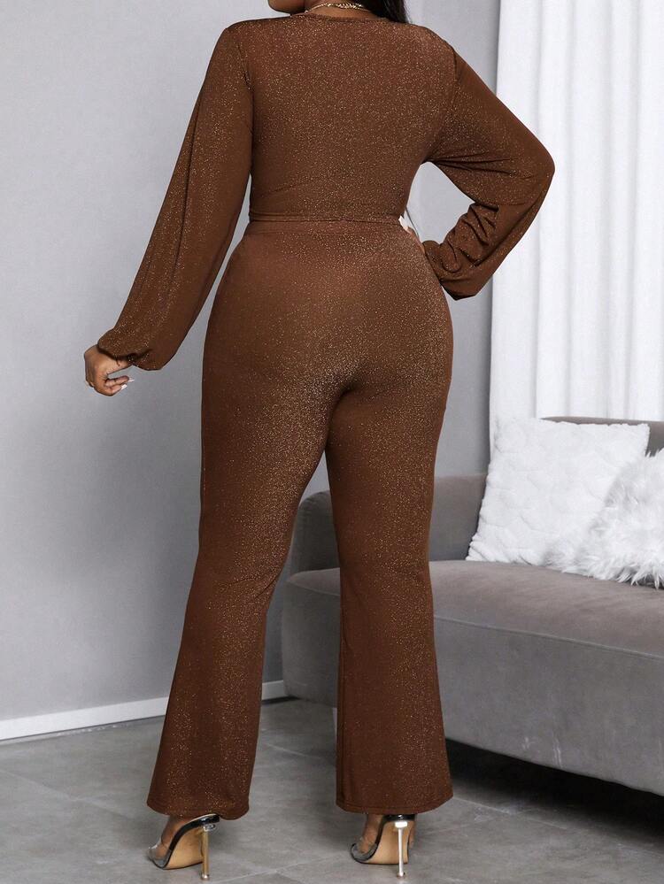 Plus Size Women's Shiny Pleated Crop Top And Long Pants Set