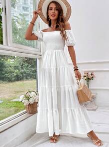 SHEIN VCAY 女式露肩度假連身裙 - 白色 - 查看 5