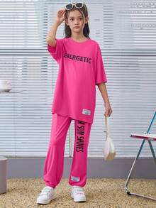 Tween Girls寬鬆版復古圓領字母印花t恤和褲子套裝 - 玫紅色 - 查看 4