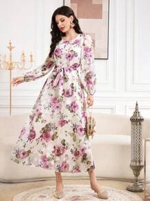 Modelyn Women's Belted Floral Print Puff Sleeve Dress