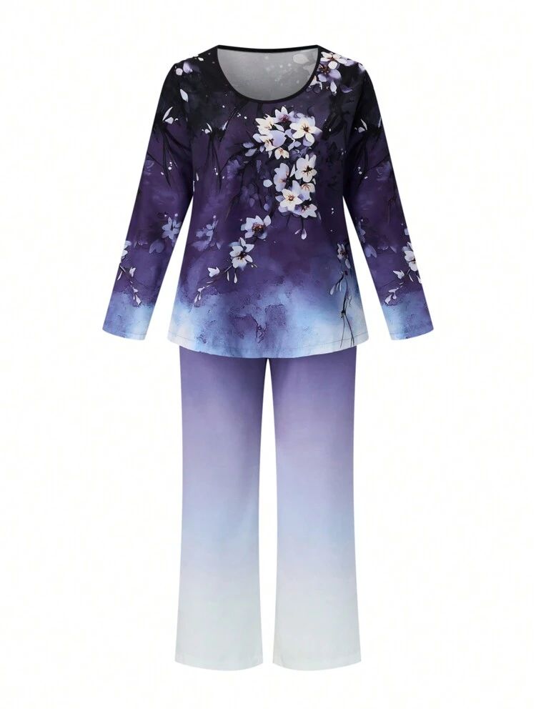 Plus Size Women'S Floral Printed Long Sleeve Top And Pants Set