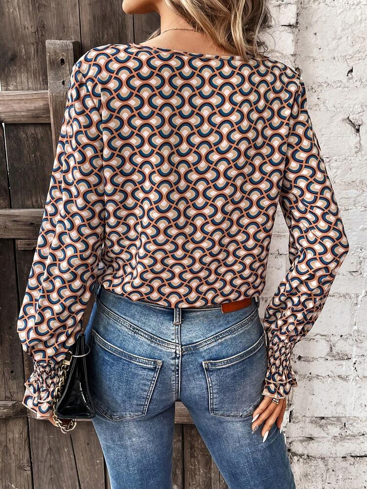 Ladies' All-Over Printed V-Neck Shirt Winter Casual