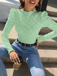 SHEIN Frenchy Women Spring/Summer Slim Fit T-Shirt With Stand Collar, Cap Sleeves And Eyelet Embroidery Frill Trim Tee Textured Sheer Fabric