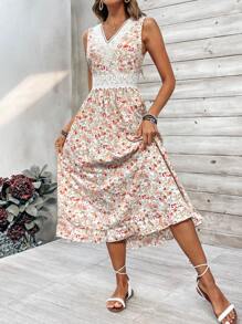 Breezaya Lace Embellished Floral Print V-Neck Sleeveless Dress - Pink - View 3