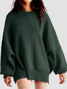 Mock Neck Drop Shoulder Split Hem Sweater,Long Sleeve Tops - Green - View 3