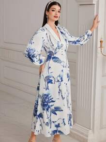 Modelyn Đầm dài tay in hoa cho nữ Đầm dạ hội dài - Xanh và trắng - Xem 3