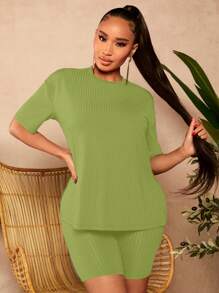 SHEIN SXY Của phụ nữ Chất rắn Đồ đan Ribbed Bộ - màu xanh lá - Xem 1