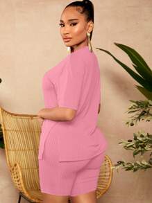 SHEIN SXY Quý cô Màu thuần Đồ đan Ribbed Bộ - Màu Hồng baby - Xem 2