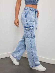 SHEIN ICON Của phụ nữ Eo thấp Quần legging thẳng Với Nhiều Túi , Acid Denim mùa giặt - Rửa trung bình - Xem 2