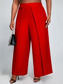 SHEIN Lady Pantalones Palazzo Sólidos Y Envolventes Para Mujer De Talla Grande - Rojo - Ver 5