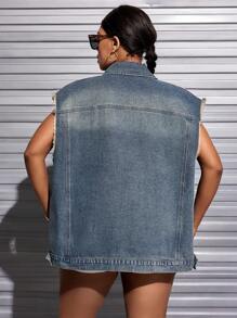 SHEIN SXY Của phụ nữ Kích thước lớn Nút phía trước Frayed Denim Áo khoác vest - Màu xanh lam - Xem 2