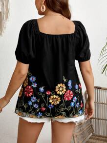 Breezaya Haut À Manches Bouffantes Grande Taille Pour Femmes Avec Broderie Florale - Multicolore - Voir 2