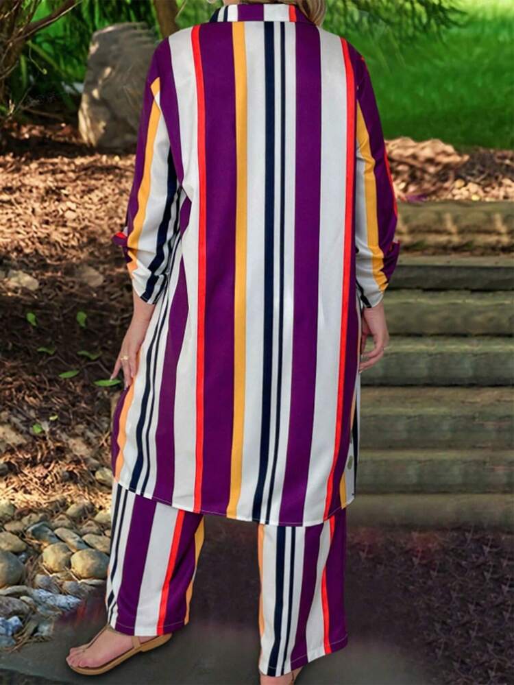 Women's Colorful Vertical Striped Long Shirt And Wide Leg Pants Two Piece Set