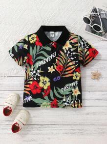 SHEIN 少年童裝熱帶印花網格舒適款polo衫,適合春夏假期穿搭風格 - 黑色 - 查看 1