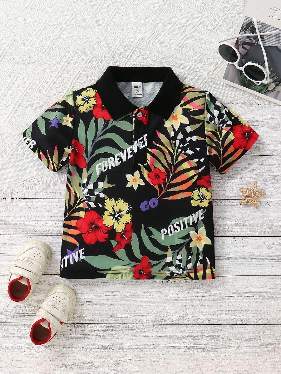 SHEIN 少年童裝熱帶印花網格舒適款polo衫,適合春夏假期穿搭風格 - 黑色 - 查看 1