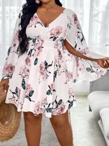 Celure 大码女式优雅浪漫花卉印花褶皱喇叭袖收腰中长春秋连衣裙 - 彩色 - 查看 4