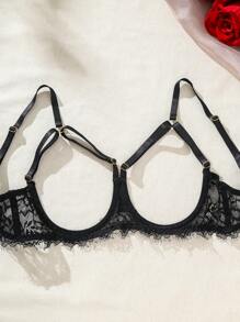 SHEIN 女士性感蕾丝镂空内衣套装，外出时，坏蛋造型 - 黑色 - 查看 3