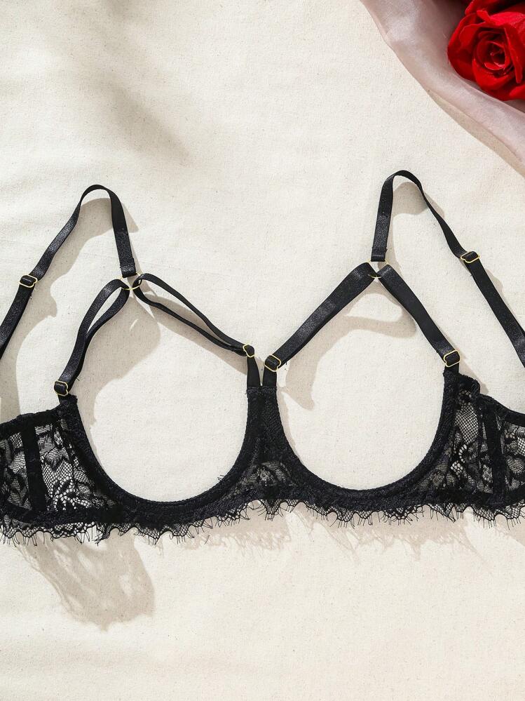 SHEIN Women's Sexy Lace Hollow Out Lingerie Set, Going Out, Baddie Look - Black - View 3