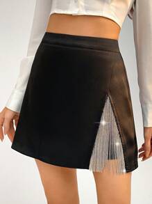 SHEIN Privé Falda Con Abertura Asimétrica Y Decoración De Diamantes De Imitación Brillantes - Negro - Ver 5