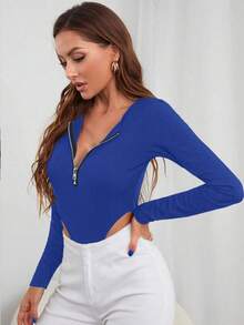 SHEIN Essnce 拉鍊半排釦高腰設計t恤風格連體衣 - 寶藍色 - 查看 4