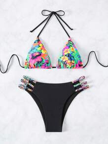 SHEIN Swim Bộ bikini dây in hình cây dành cho nữ Lễ hội âm nhạc Bãi biển mùa hè - Nhiều màu - Xem 3