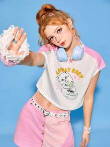 SHEINNeu Women's Cartoon Cat And Heart Printed Contrast Side Cut Crop T-Shirt - White - View 5