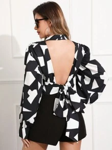 Aveloria Camisa De Manga Larga Hueca Con Estampado Completo Para Mujeres