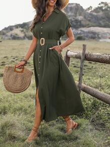 LanaWest Women's V-Neck Button Detail Slit Dress Maxi Women Outfit - Army Green - View 7