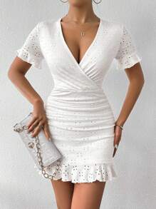 RosyDaze Women's V-Neck Pleated Short Sleeve Dress - White - View 1